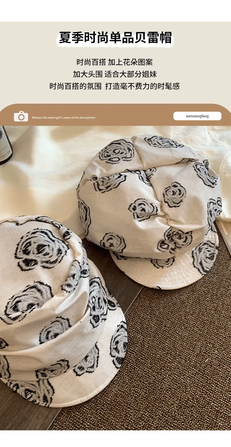 Women Linen Rose Embroidered Cap Large Circumference — feature 2