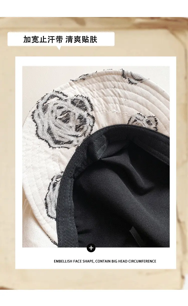 Women Linen Rose Embroidered Cap Large Circumference — feature 3