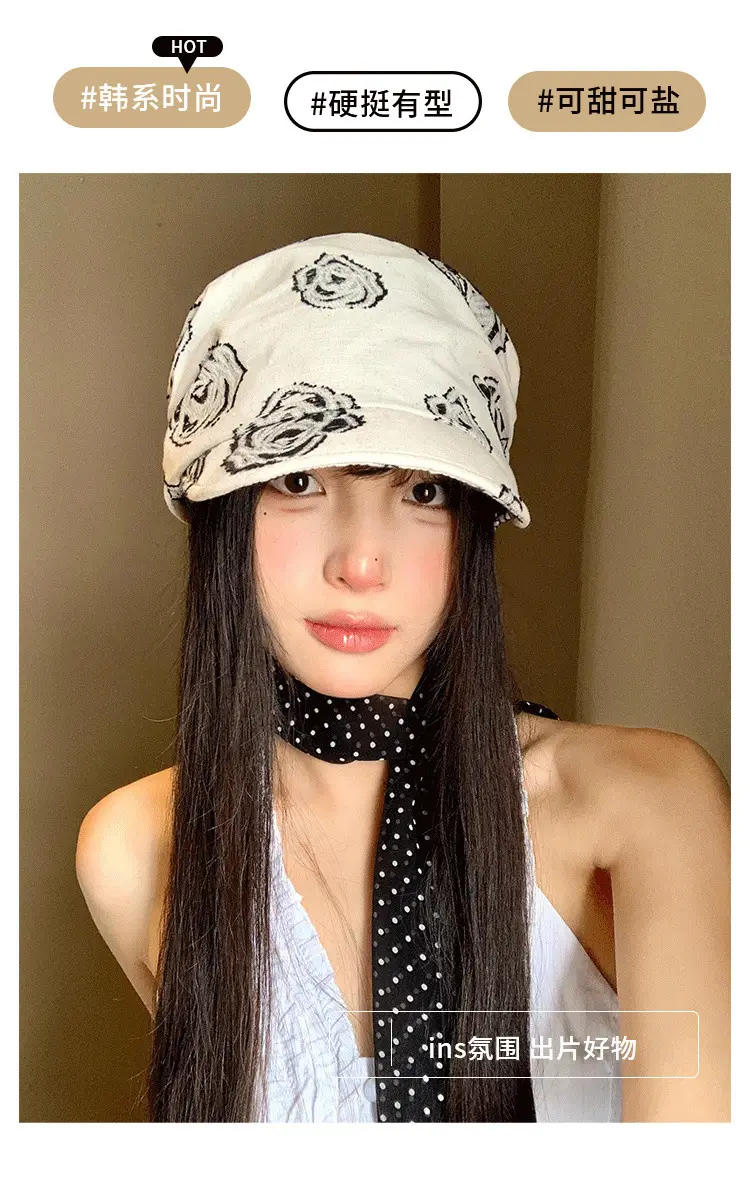 Women Linen Rose Embroidered Cap Large Circumference — feature 5