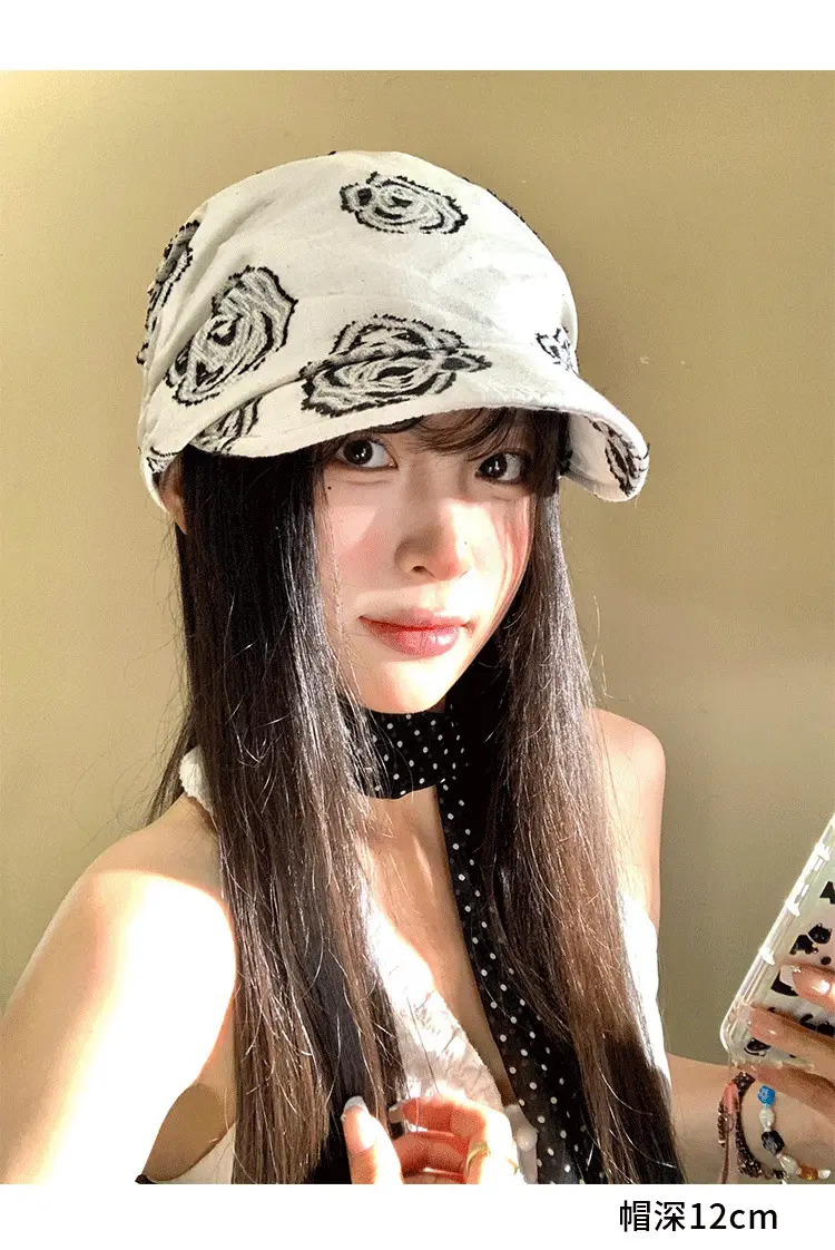 Women Linen Rose Embroidered Cap Large Circumference — feature 7