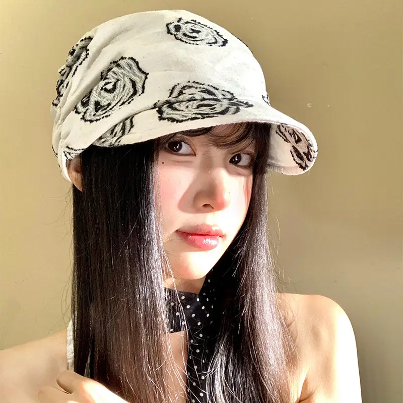 Women Linen Rose Embroidered Cap Large Circumference