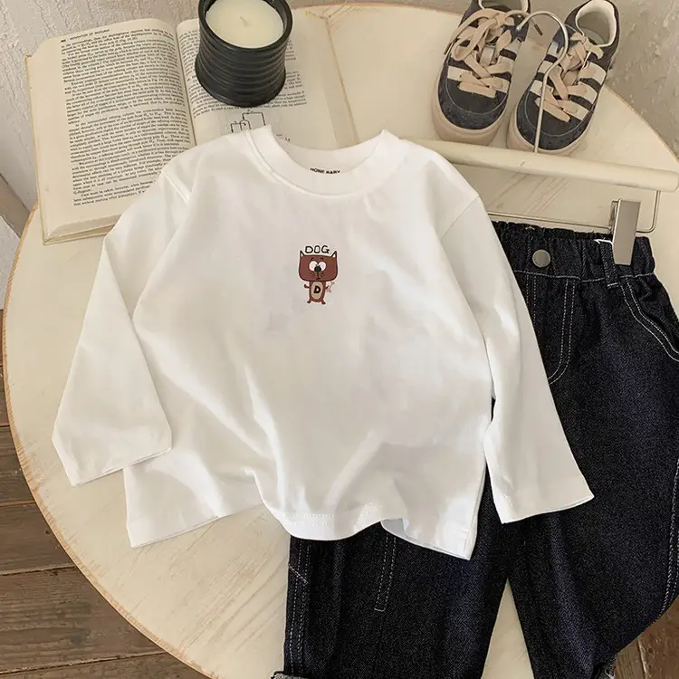 Boys Cotton Long Sleeve T-Shirt White Cartoon Print - Image 2