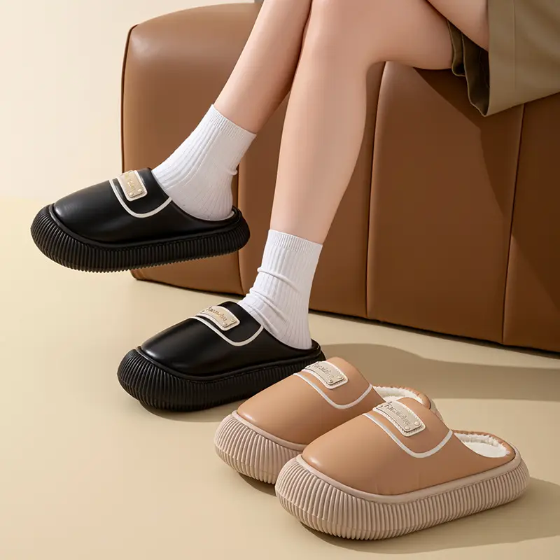 Winter Cotton Slippers Low Heel Leather Warm Couple Home - Image 6