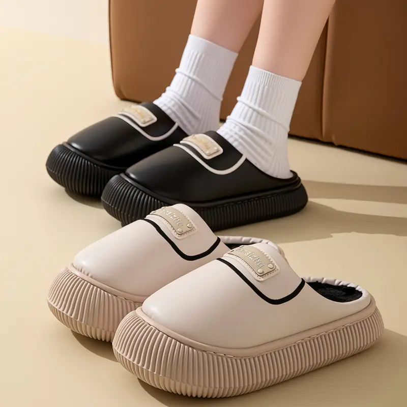 Winter Cotton Slippers Low Heel Leather Warm Couple Home - Image 7