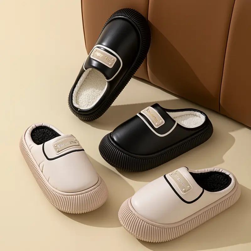 Winter Cotton Slippers Low Heel Leather Warm Couple Home - Image 8