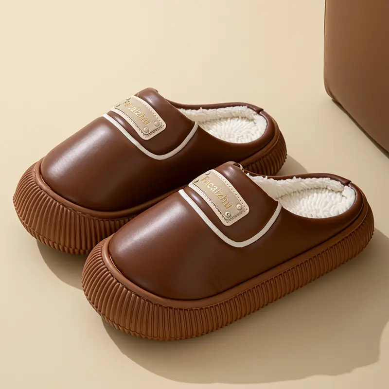 Winter Cotton Slippers Low Heel Leather Warm Couple Home - Image 9