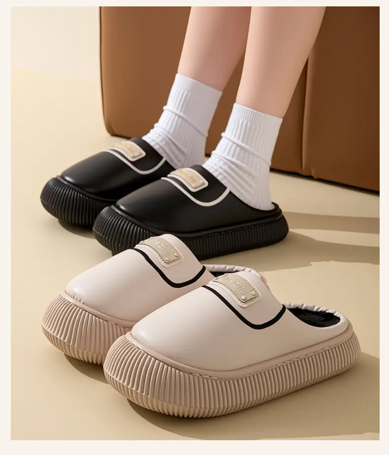 Winter Cotton Slippers Low Heel Leather Warm Couple Home — feature 13