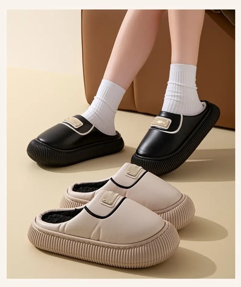 Winter Cotton Slippers Low Heel Leather Warm Couple Home — feature 14