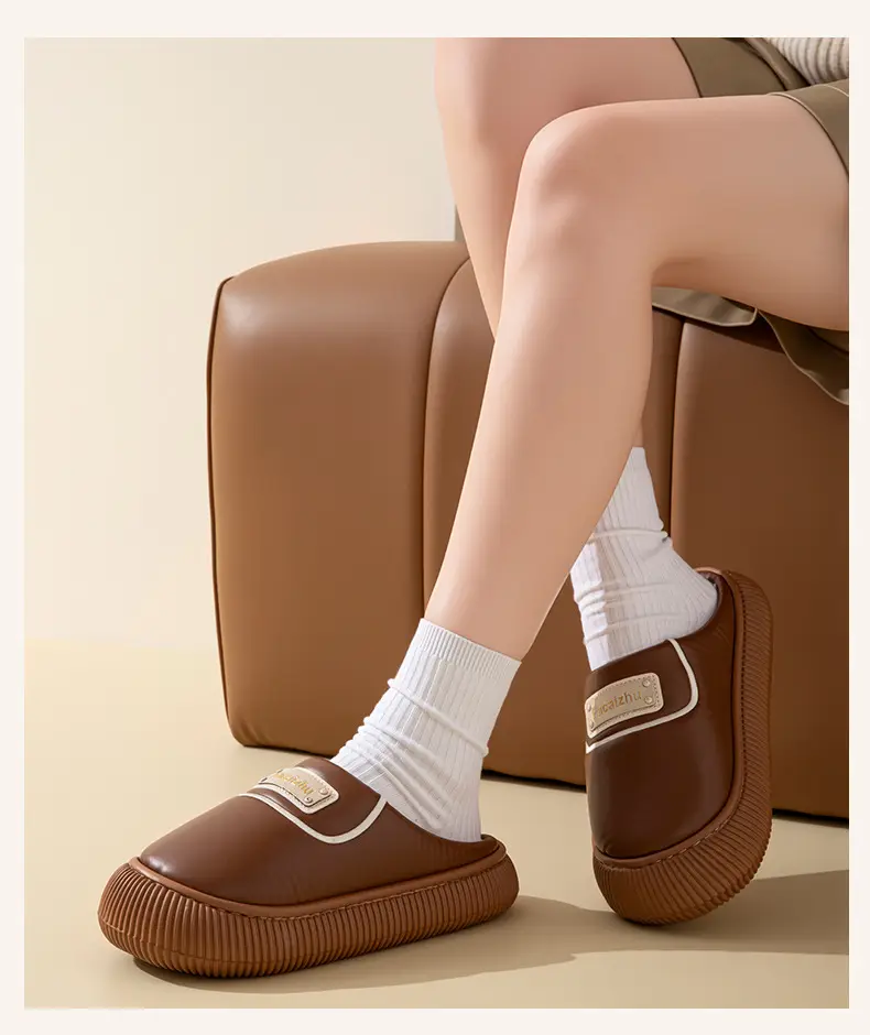Winter Cotton Slippers Low Heel Leather Warm Couple Home — feature 15