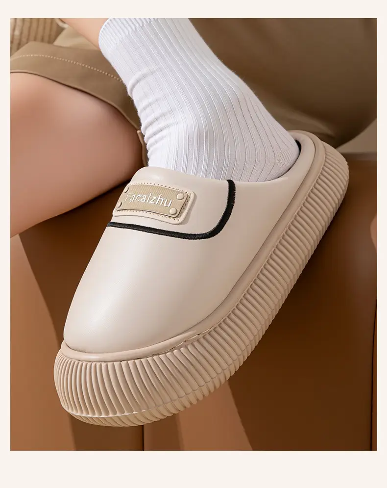 Winter Cotton Slippers Low Heel Leather Warm Couple Home — feature 16