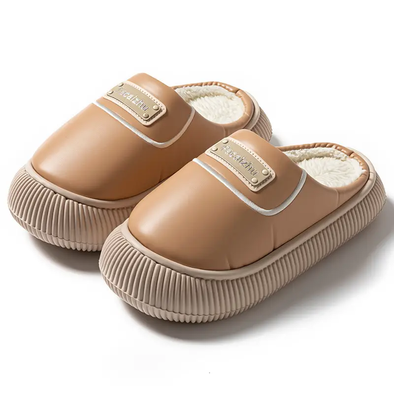 Winter Cotton Slippers Low Heel Leather Warm Couple Home - Image 2