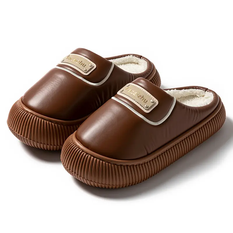 Winter Cotton Slippers Low Heel Leather Warm Couple Home - Image 3