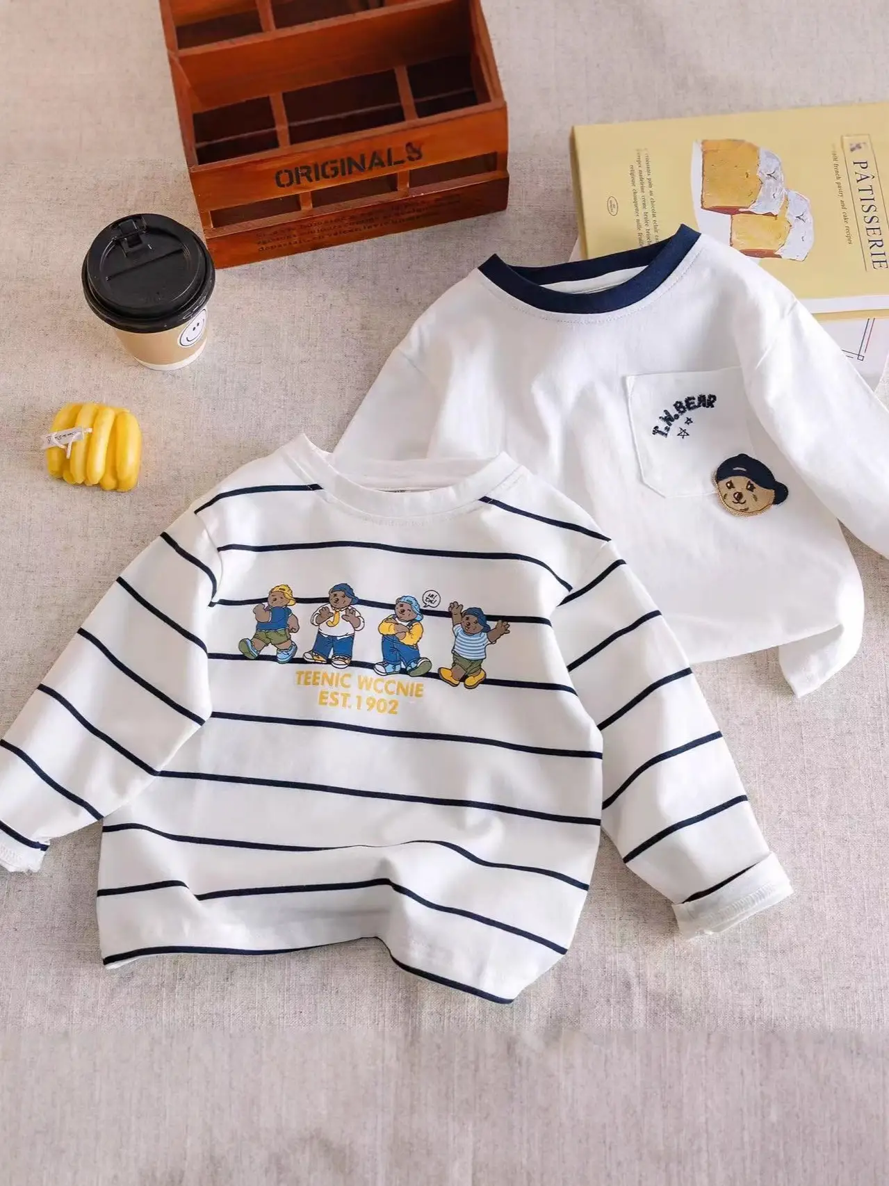 Children Long Sleeve Striped Cartoon Bear Top White - Image 3