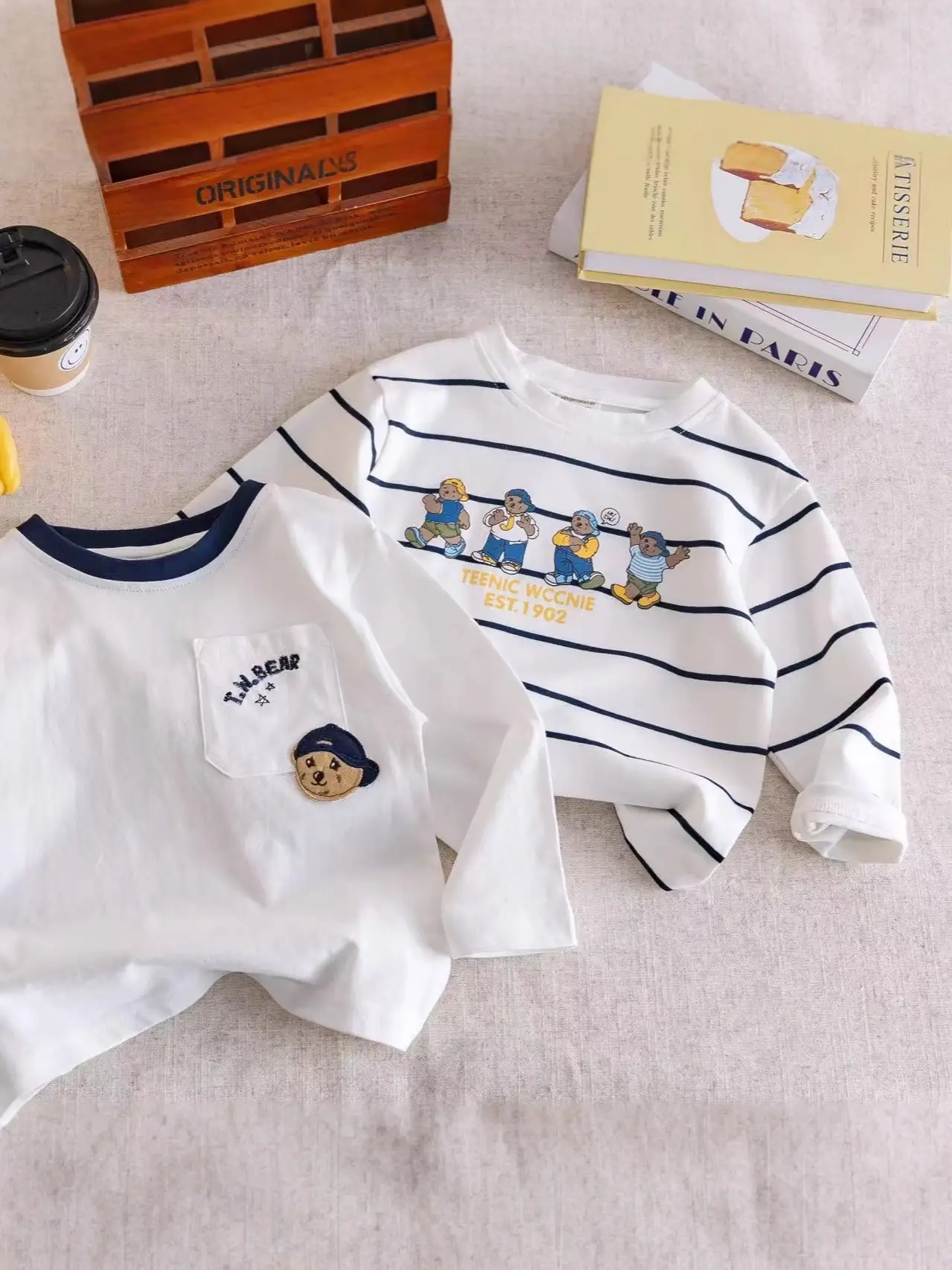 Children Long Sleeve Striped Cartoon Bear Top White - Image 4