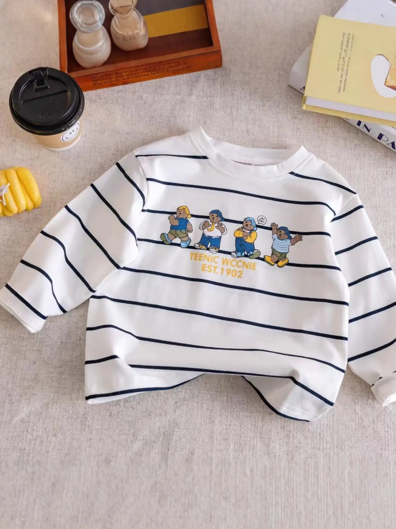 Children Long Sleeve Striped Cartoon Bear Top White
