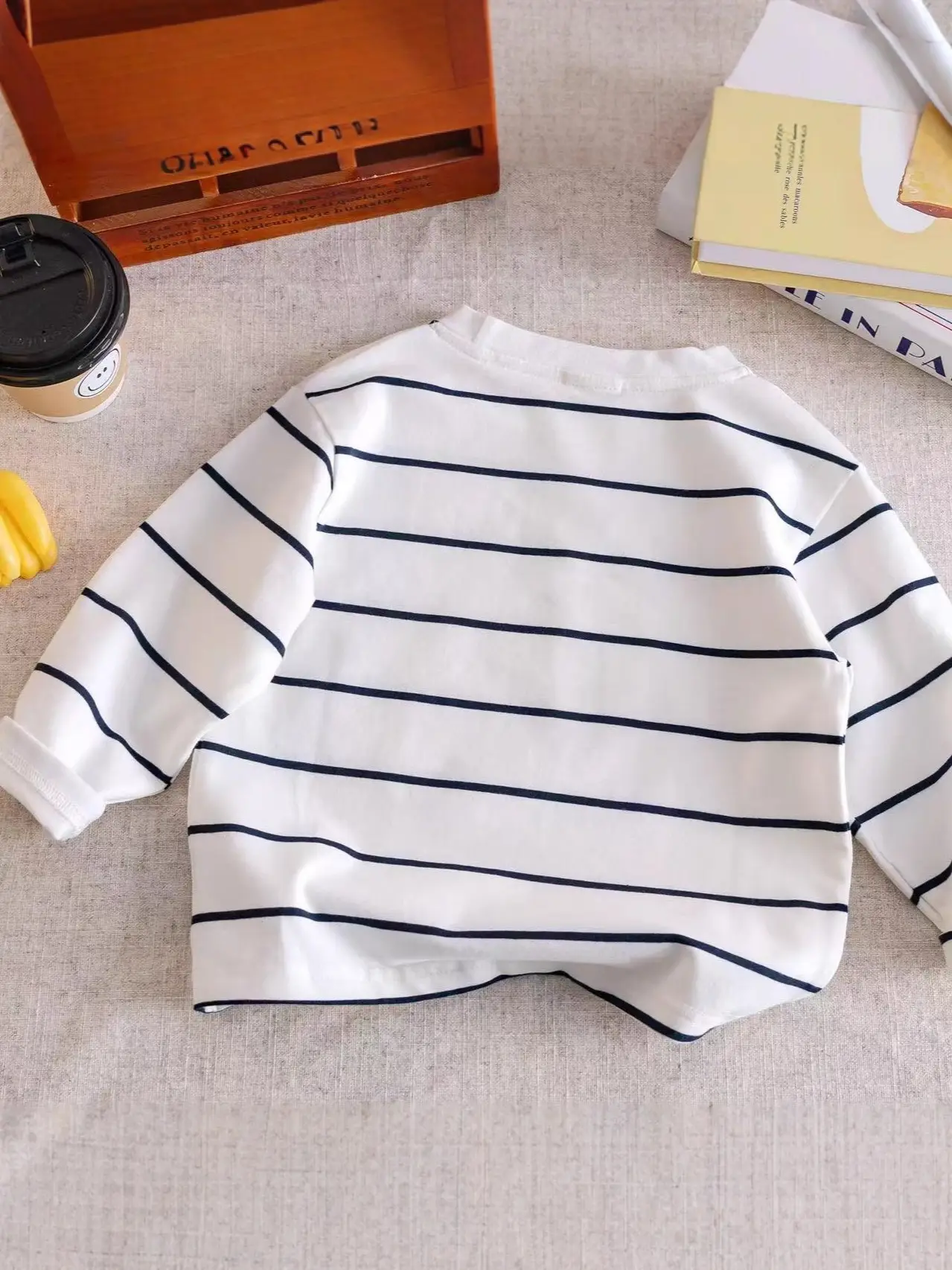 Children Long Sleeve Striped Cartoon Bear Top White