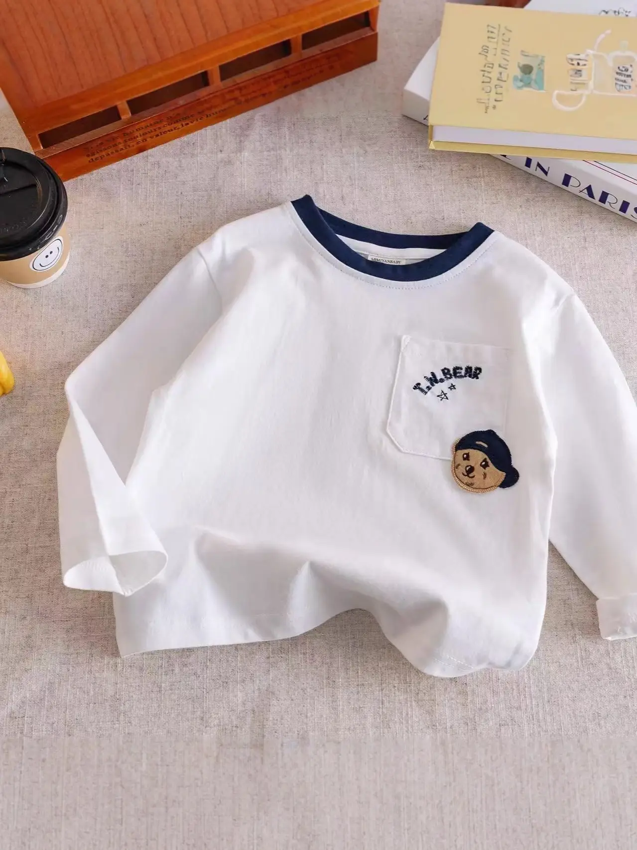 Children Long Sleeve Striped Cartoon Bear Top White