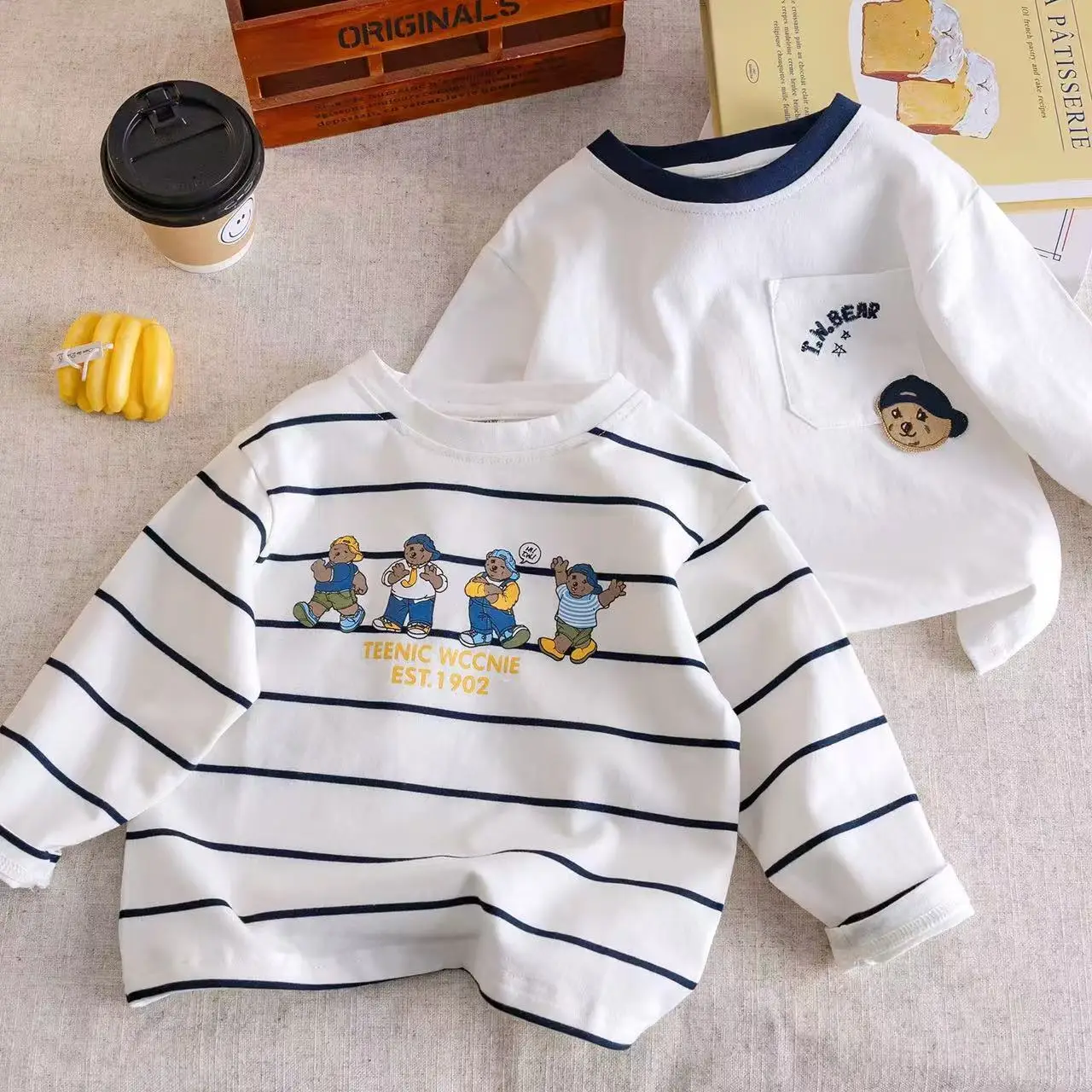 Children Long Sleeve Striped Cartoon Bear Top White — feature 1