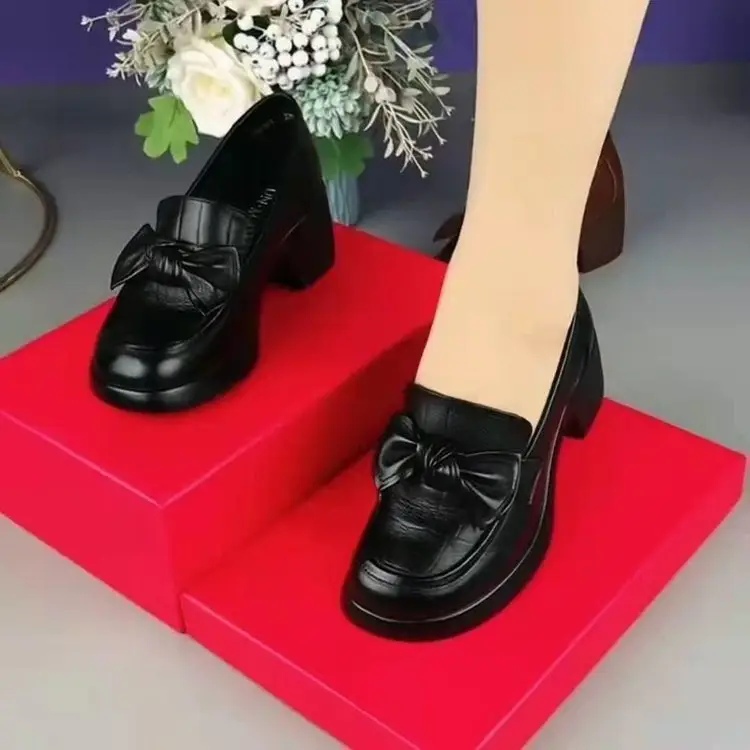 Bow Thick Heel Leather Shoes for Women 2025 - Image 5
