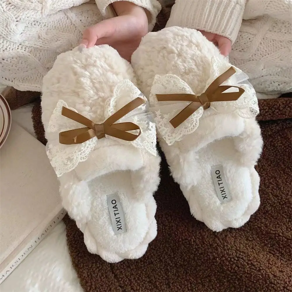 Winter Bow Thick Cotton Slippers for Women Brown - Image 4