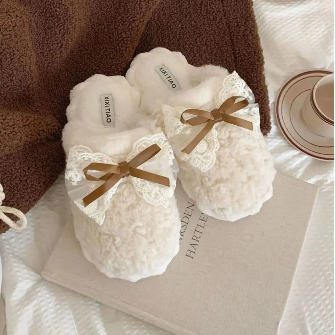 Winter Bow Thick Cotton Slippers for Women Brown - Image 5