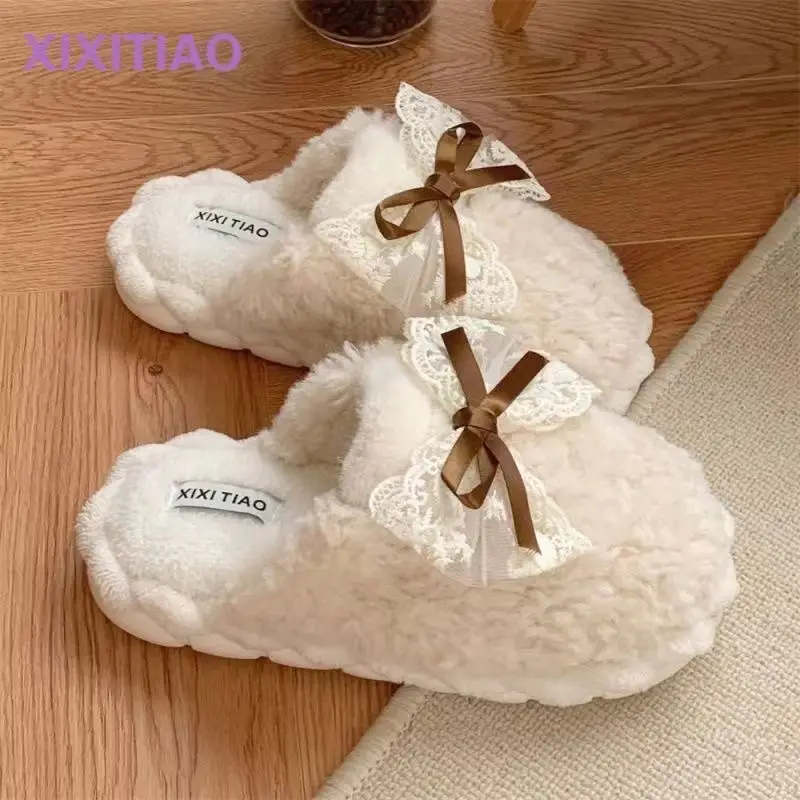 Winter Bow Thick Cotton Slippers for Women Brown - Image 6