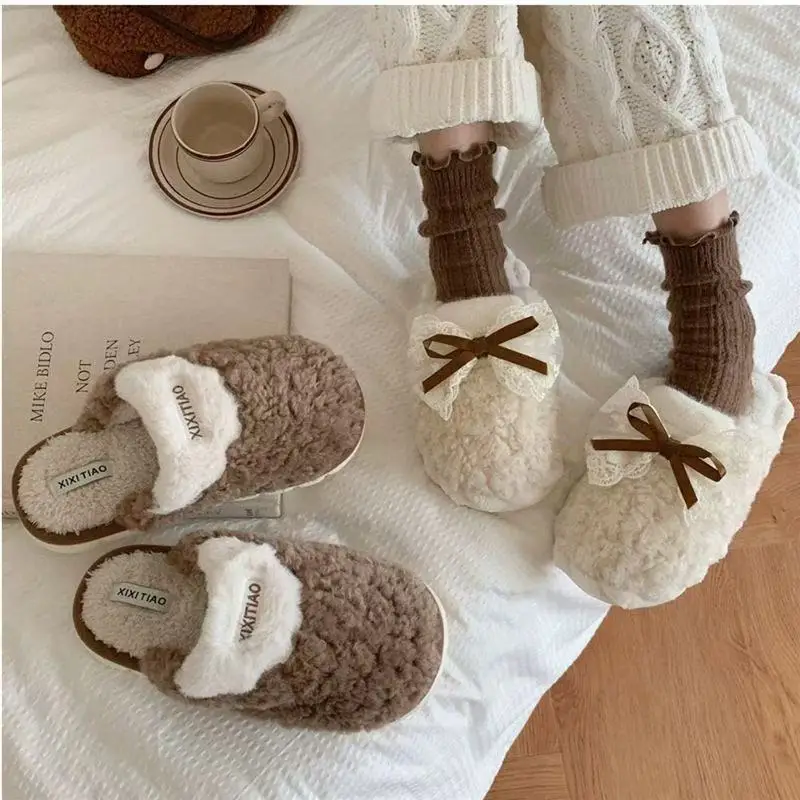 Winter Bow Thick Cotton Slippers for Women Brown - Image 7
