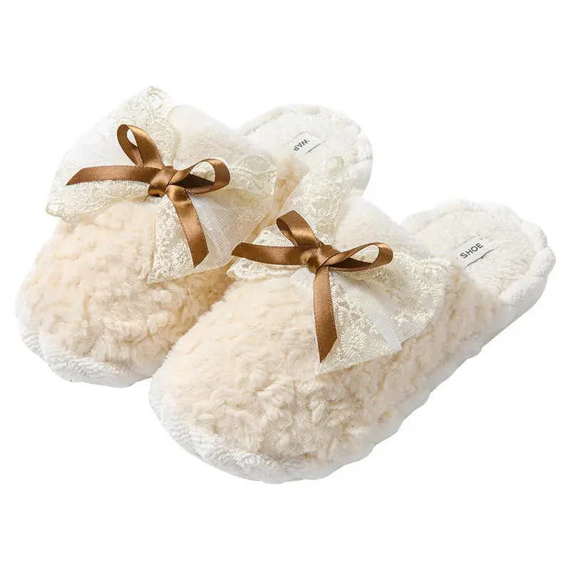 Winter Bow Thick Cotton Slippers for Women Brown - Image 8