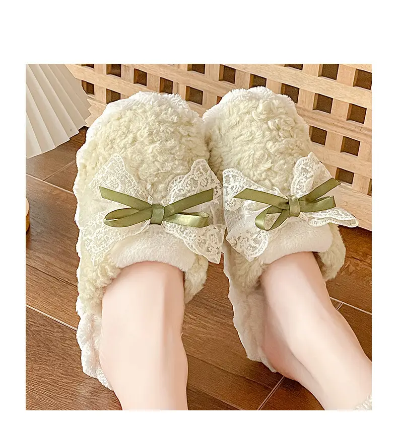Winter Bow Thick Cotton Slippers for Women Brown — feature 10