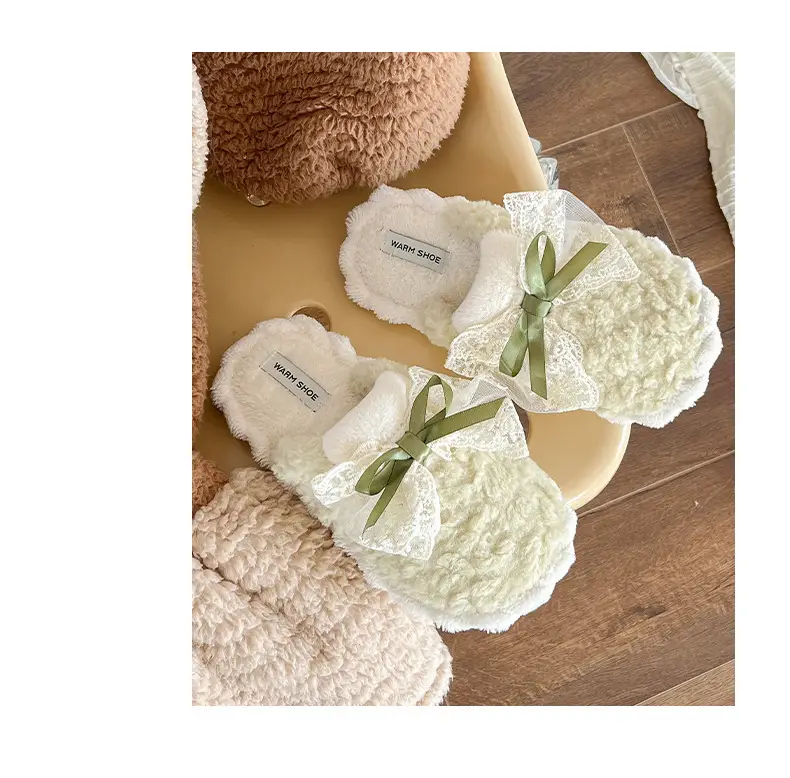 Winter Bow Thick Cotton Slippers for Women Brown — feature 11