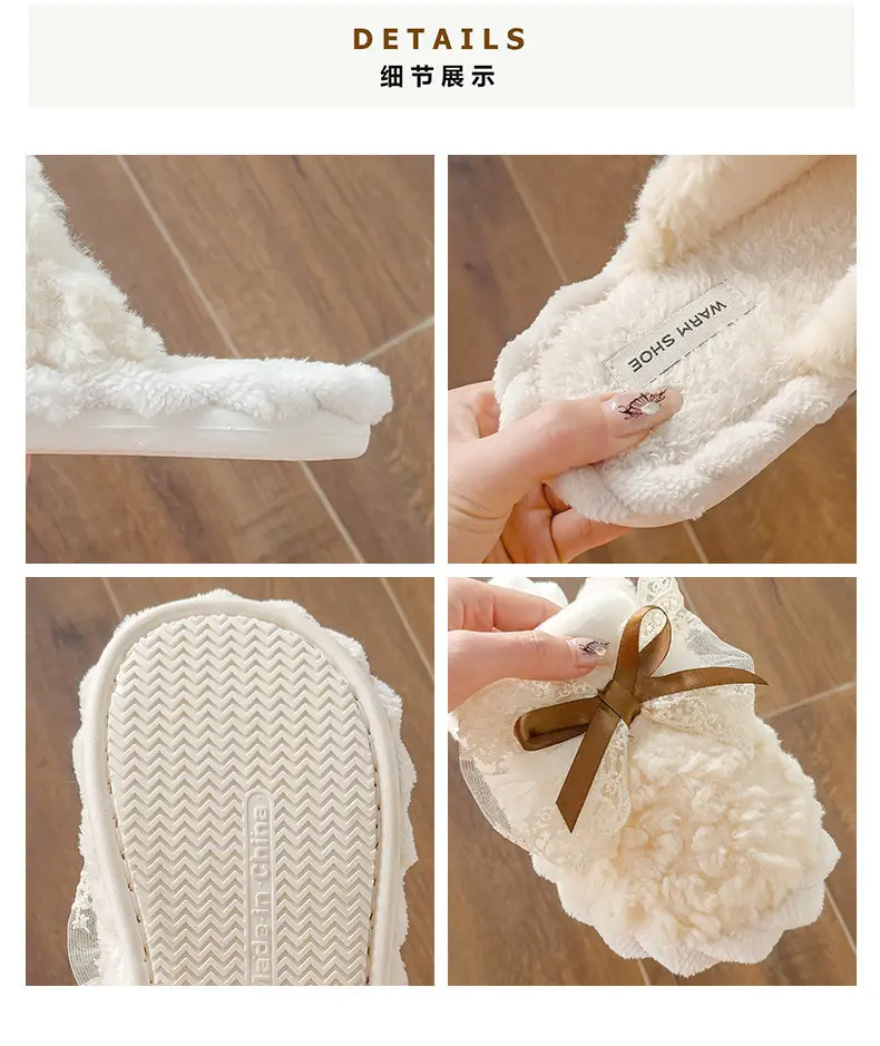 Winter Bow Thick Cotton Slippers for Women Brown — feature 3