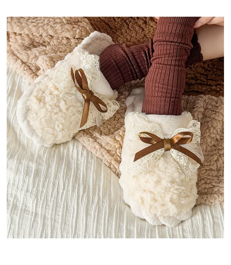 Winter Bow Thick Cotton Slippers for Women Brown — feature 4