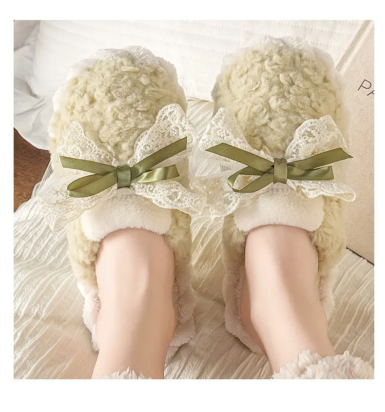 Winter Bow Thick Cotton Slippers for Women Brown — feature 5