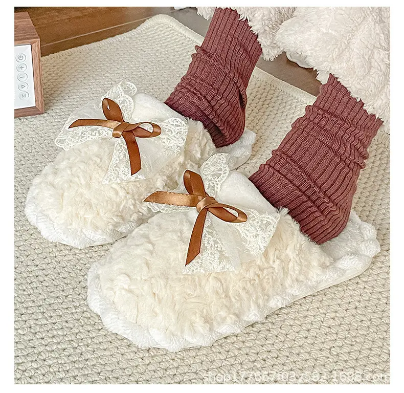 Winter Bow Thick Cotton Slippers for Women Brown — feature 6