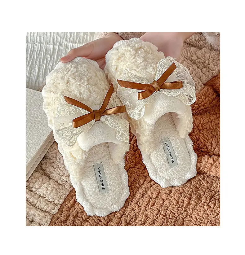 Winter Bow Thick Cotton Slippers for Women Brown — feature 7
