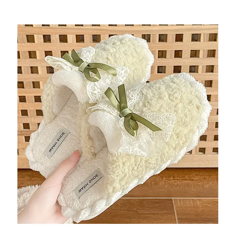 Winter Bow Thick Cotton Slippers for Women Brown — feature 8