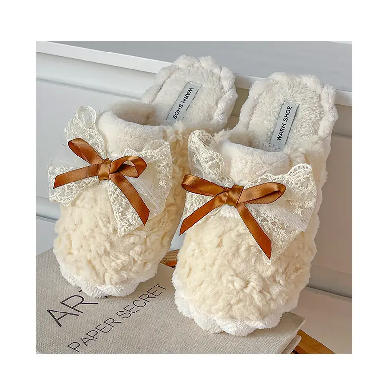Winter Bow Thick Cotton Slippers for Women Brown — feature 9