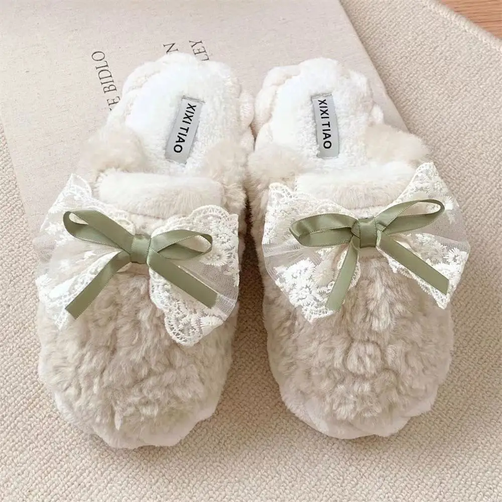 Winter Bow Thick Cotton Slippers for Women Brown - Image 2
