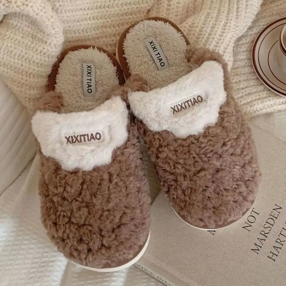 Winter Bow Thick Cotton Slippers for Women Brown - Image 3