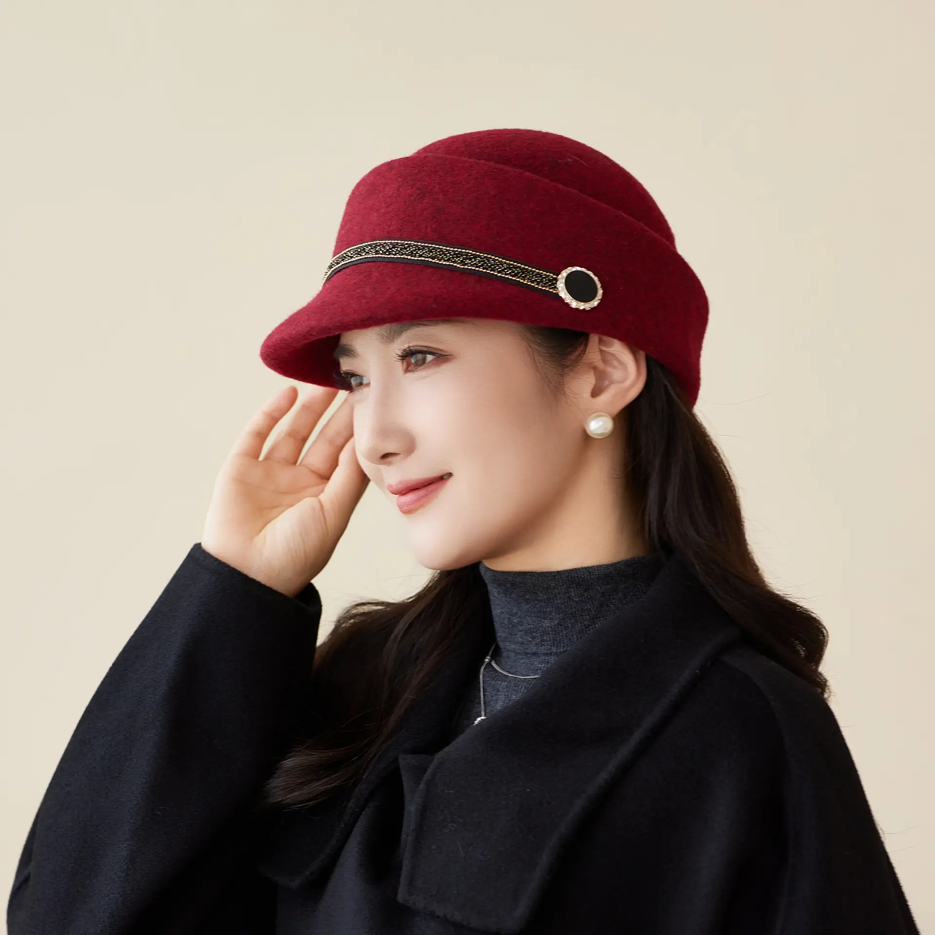 Women Wool Felt Equestrian Hat Vintage Duckbill Cap - Image 8
