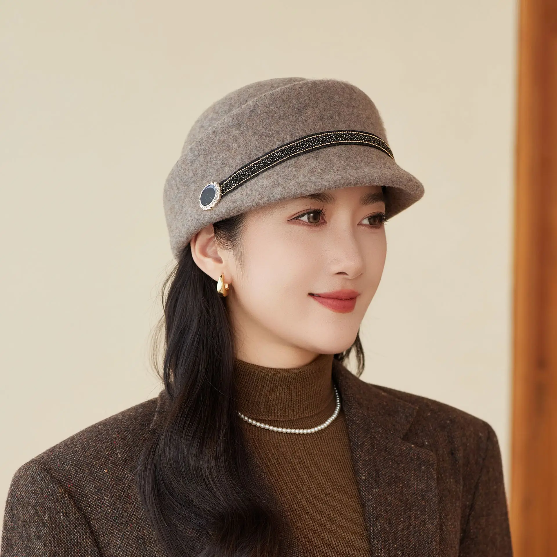 Women Wool Felt Equestrian Hat Vintage Duckbill Cap - Image 10