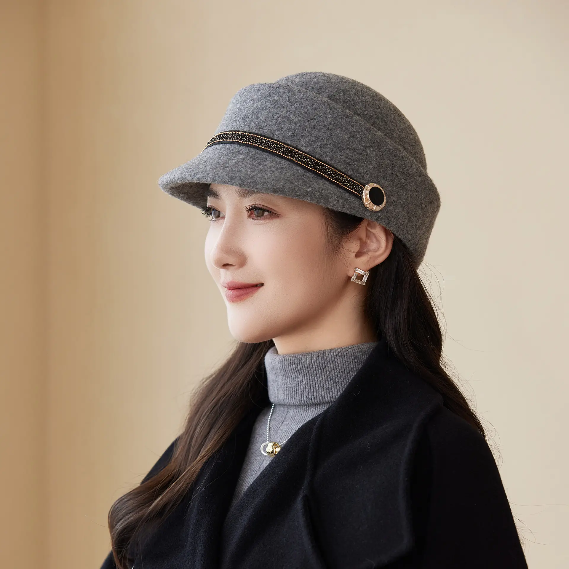 Women Wool Felt Equestrian Hat Vintage Duckbill Cap - Image 2