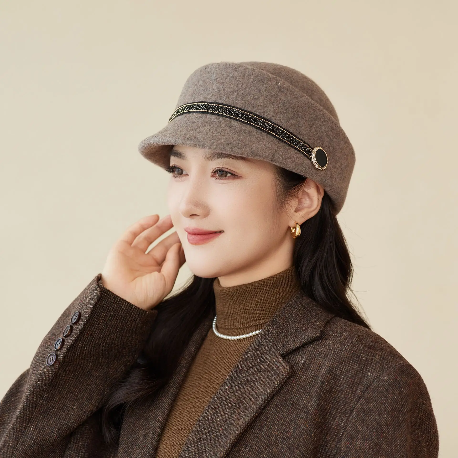 Women Wool Felt Equestrian Hat Vintage Duckbill Cap - Image 4
