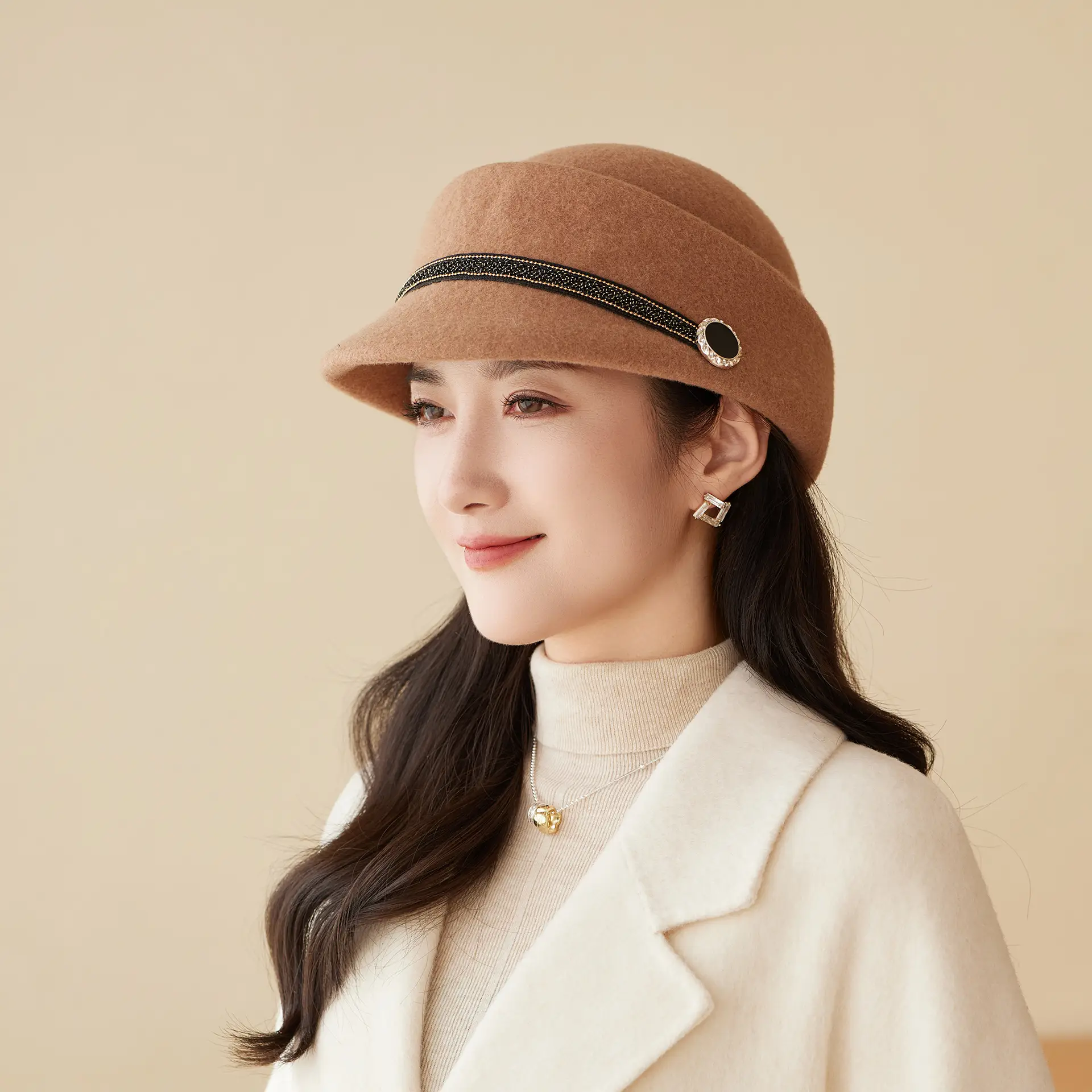 Women Wool Felt Equestrian Hat Vintage Duckbill Cap - Image 6