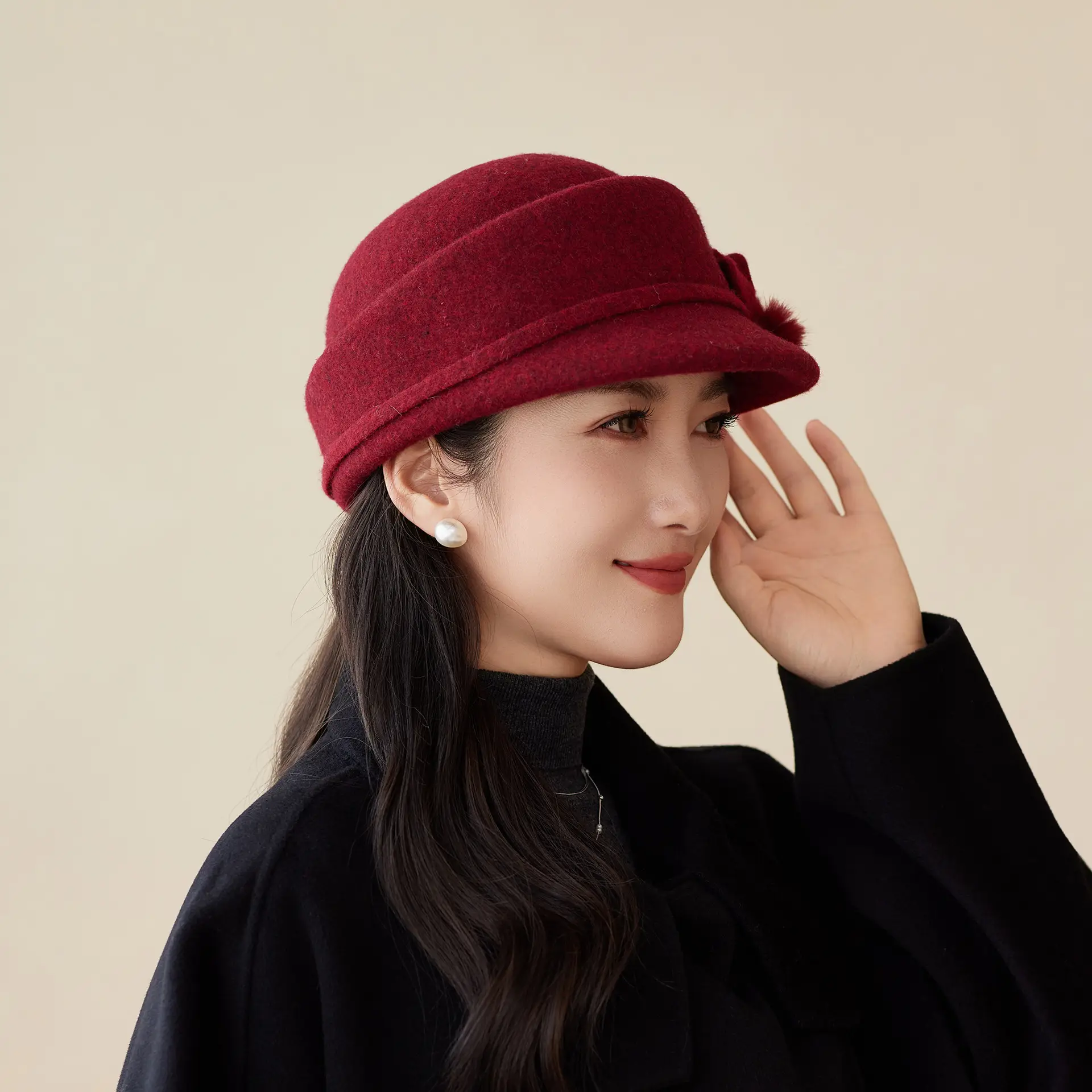 Women Woolen Duck Tonge Hat Red Autumn Winter - Image 4