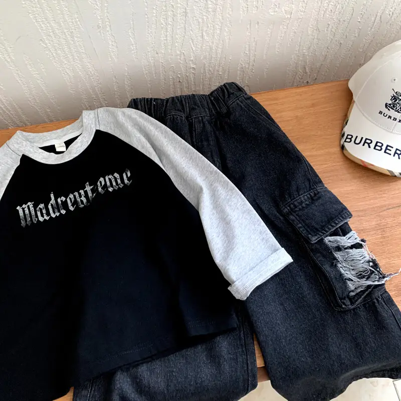 Boys Raglan Sleeve T-Shirt Black Grey Autumn Wear — feature 3