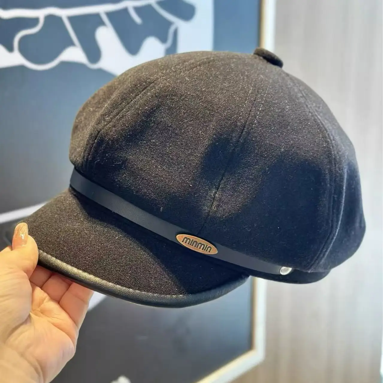 Black Duckbill Cap with Leather Trim for Women