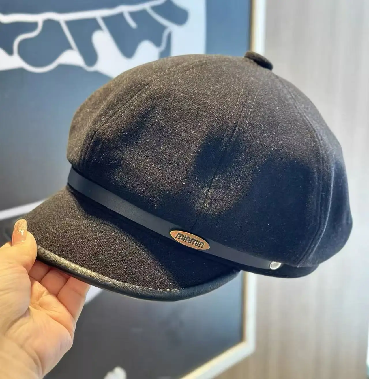 Black Duckbill Cap with Leather Trim for Women