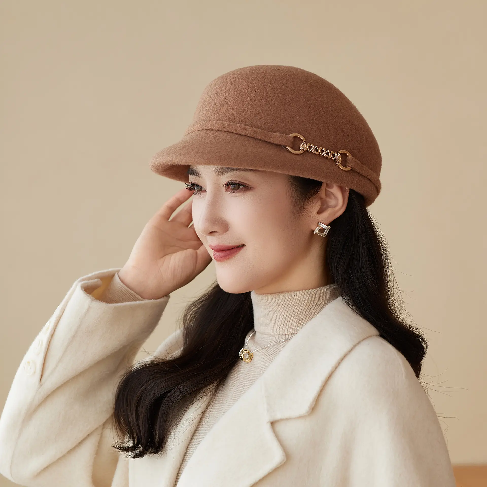 Autumn Winter Wool Felt Chain Hat for Women - Image 7