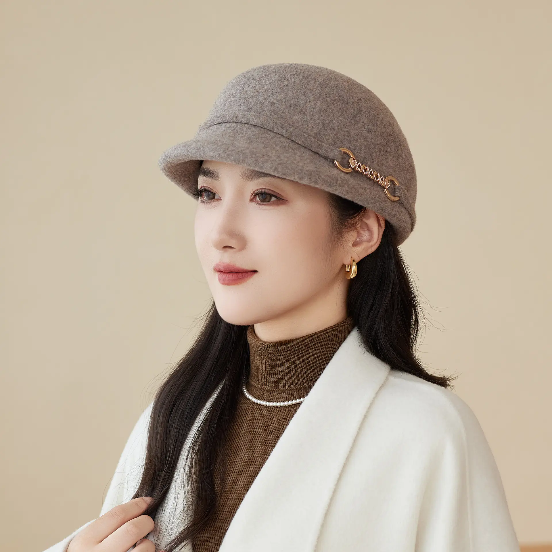 Autumn Winter Wool Felt Chain Hat for Women - Image 4